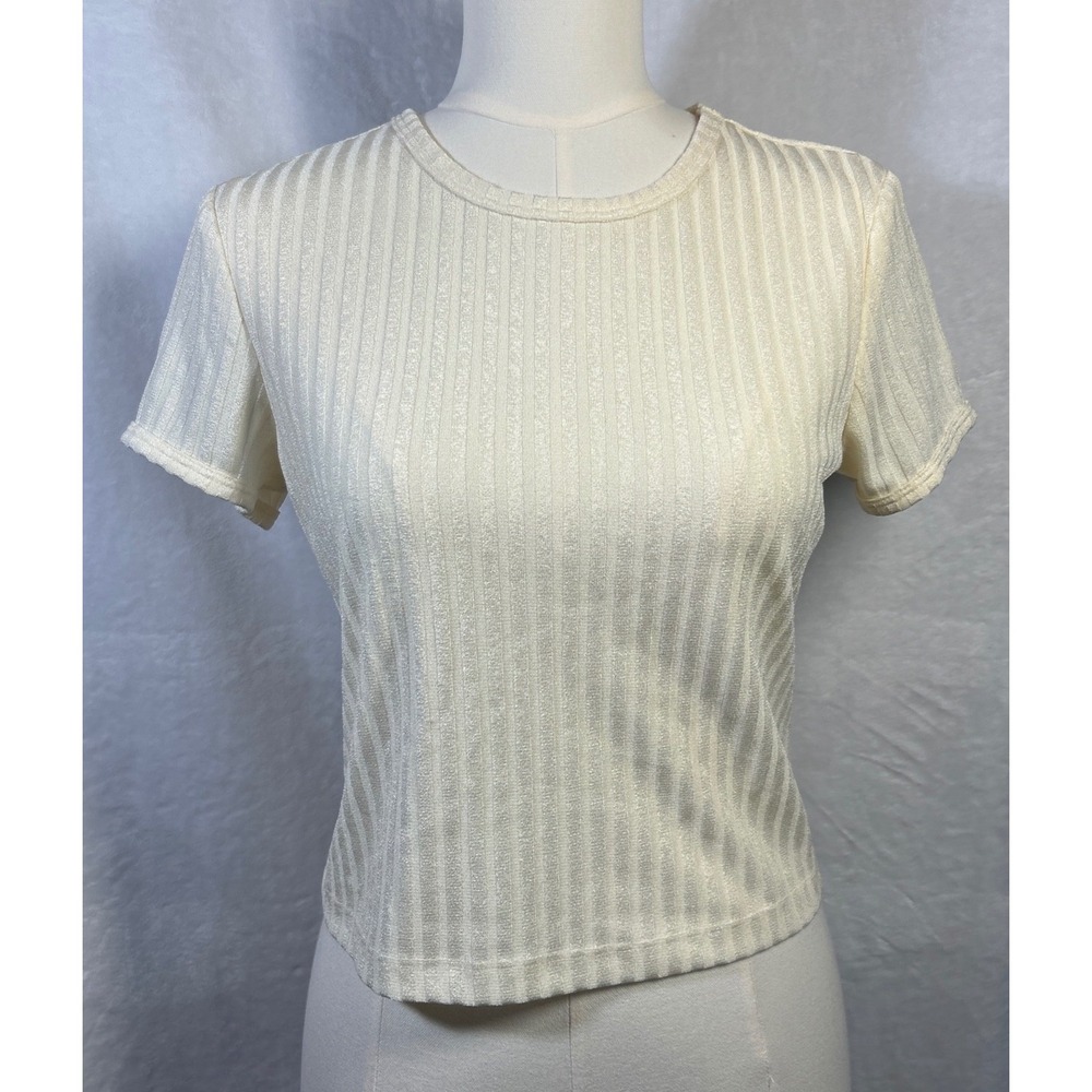 VTG 90s Y2K My Michelle Ribbed Ivory Cropped Blouse Top S/M Fairy Coquette 00s